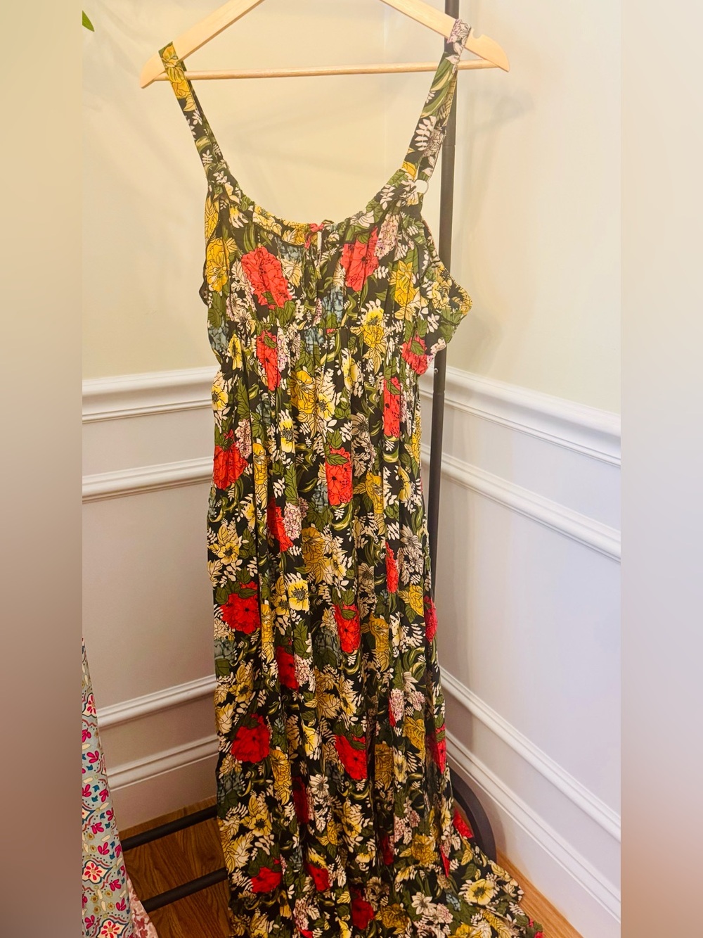 NATURAL LIFE Olive Floral Maxi Dress with Red and Yellow Blooms